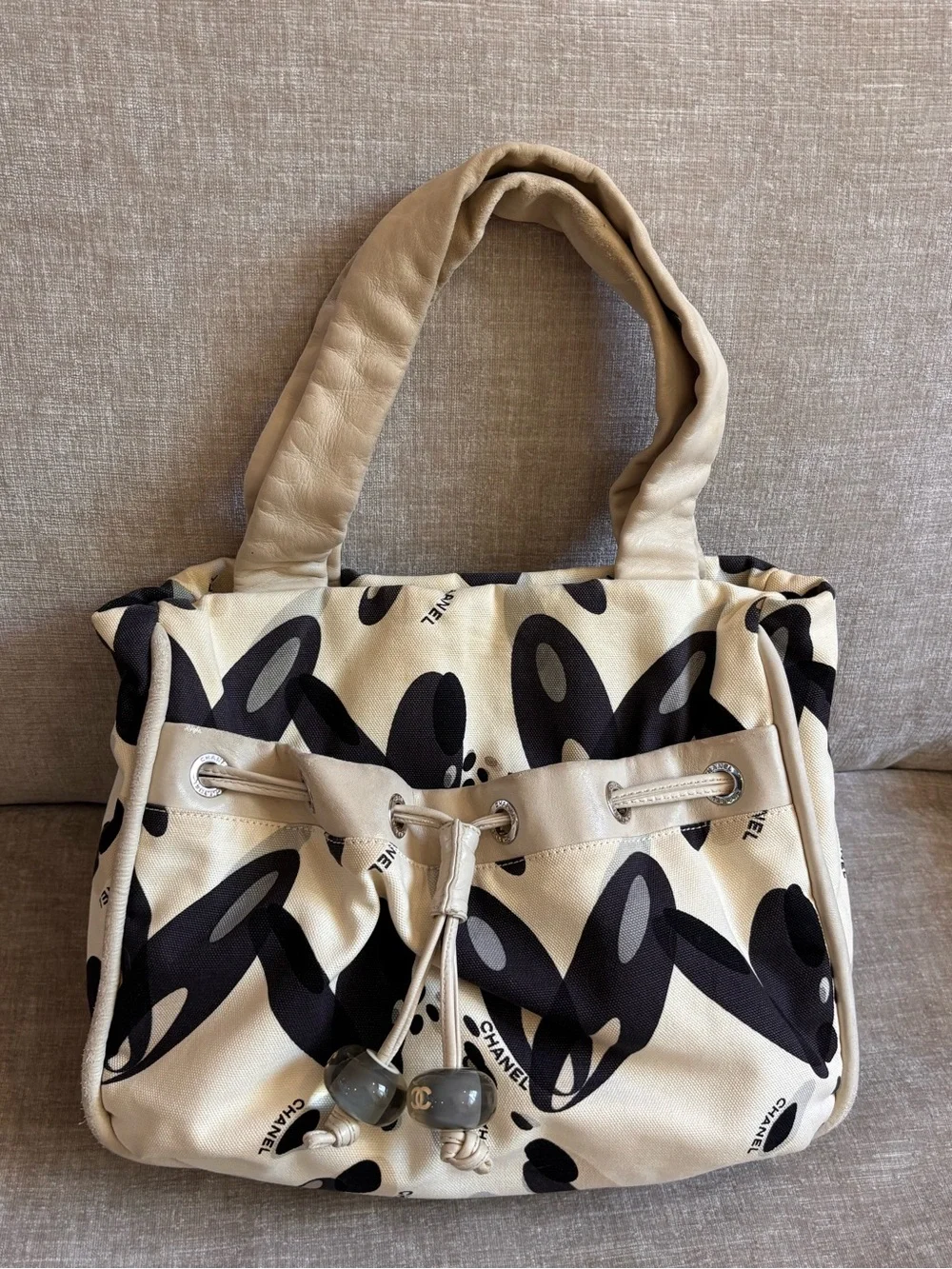 Authentic CHANEL vintage mini beige black Surfline canvas tote